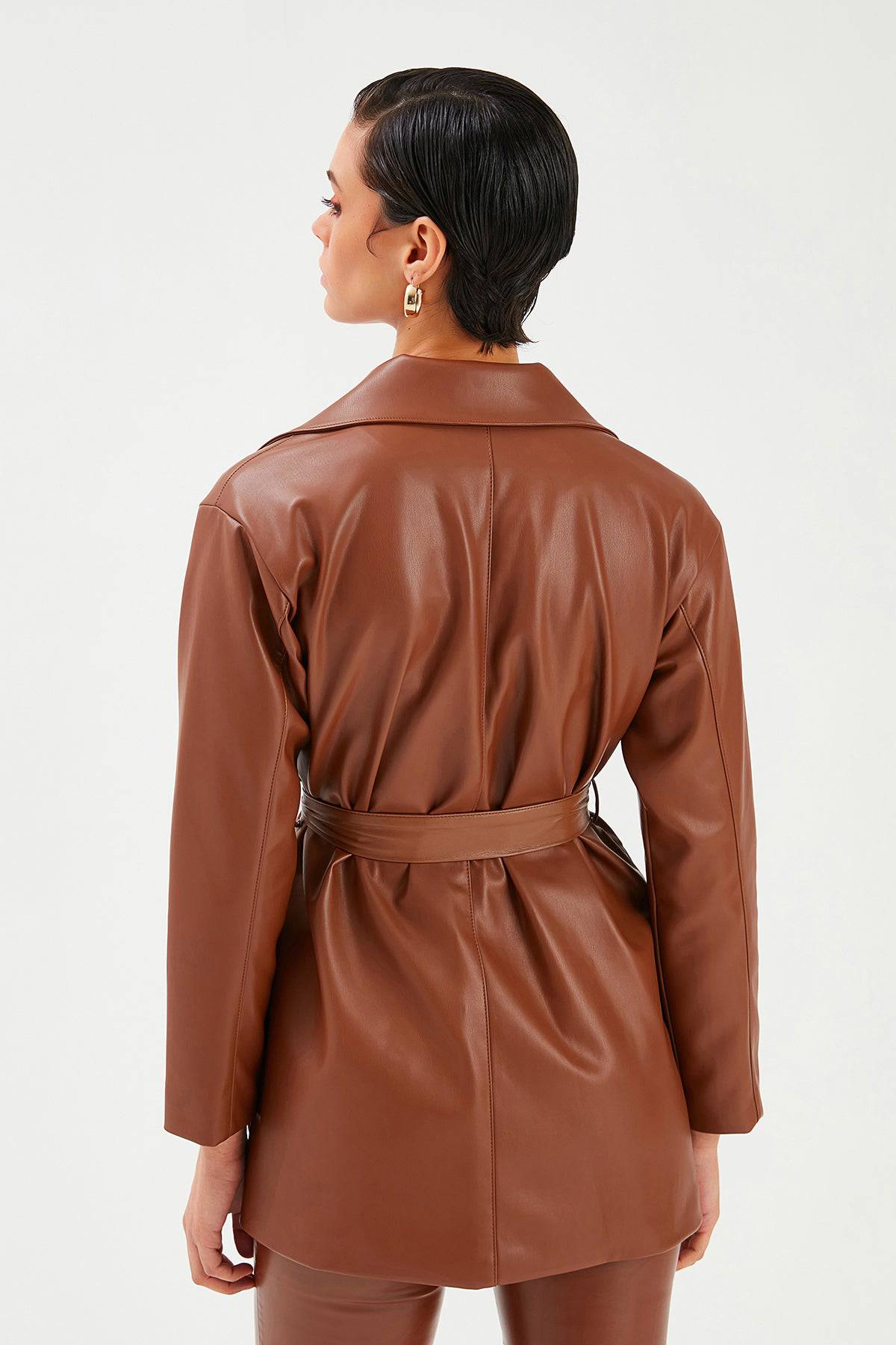 Belted Leather Jacket - Brown - LussoCA