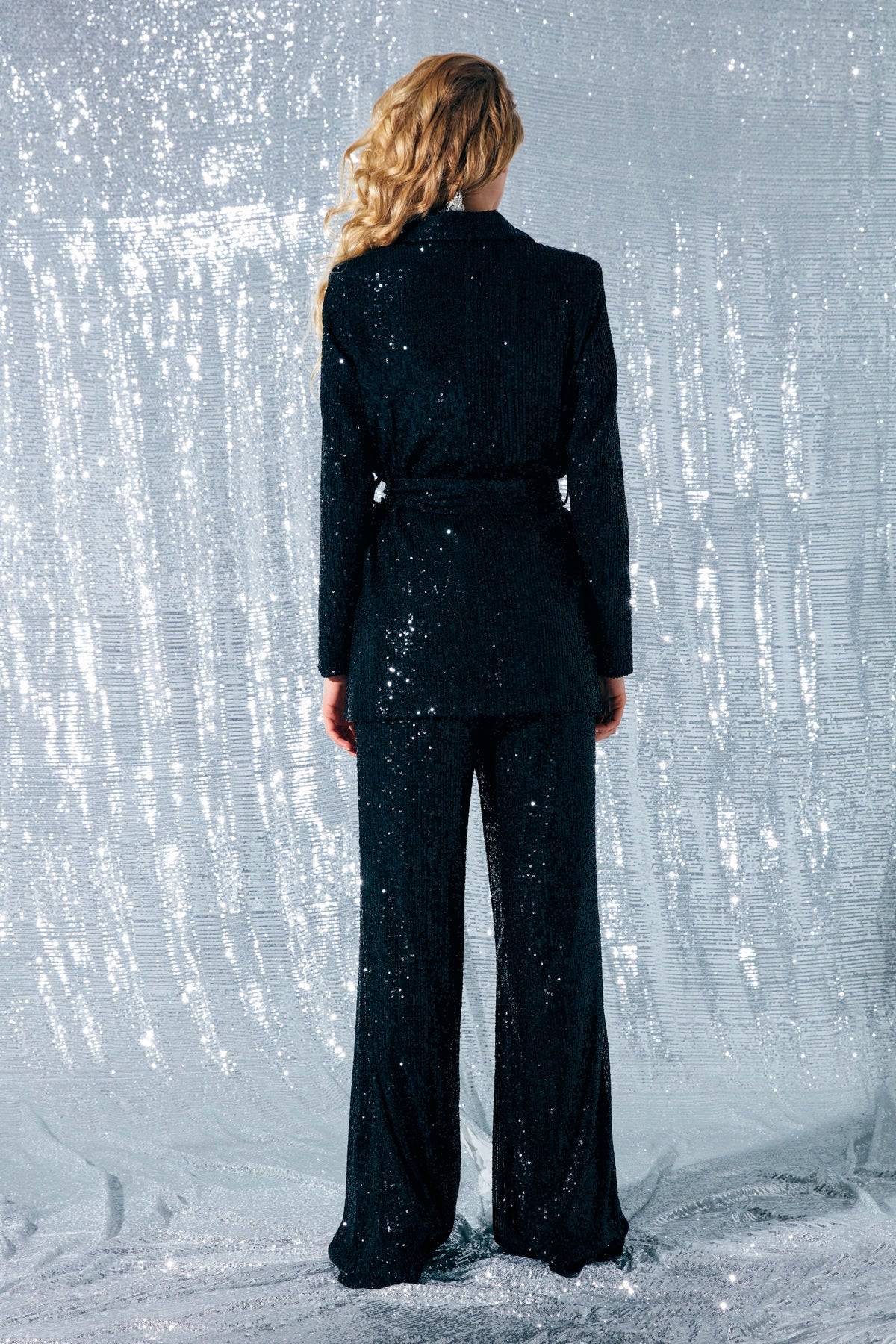 Belted Sequin Jacket - Black - LussoCA