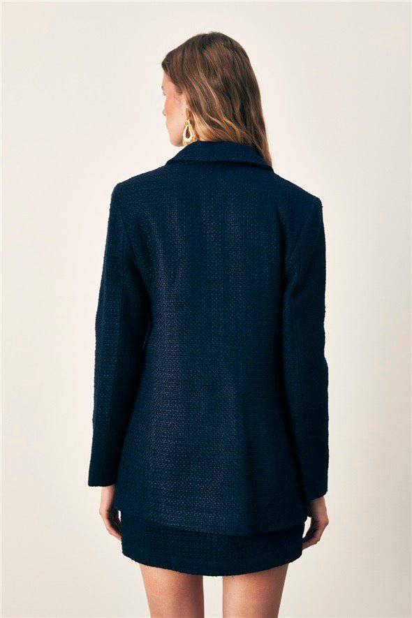 Button Detailed Tweed Jacket - Navy Blue - LussoCA
