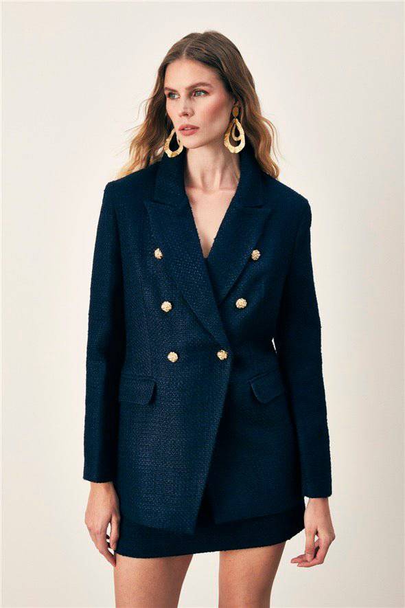 Button Detailed Tweed Jacket - Navy Blue - LussoCA
