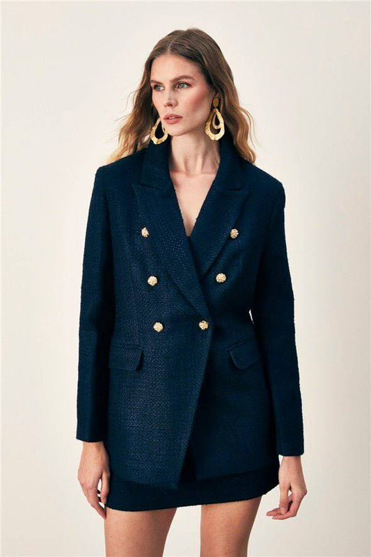 Button Detailed Tweed Jacket - Navy Blue - LussoCA