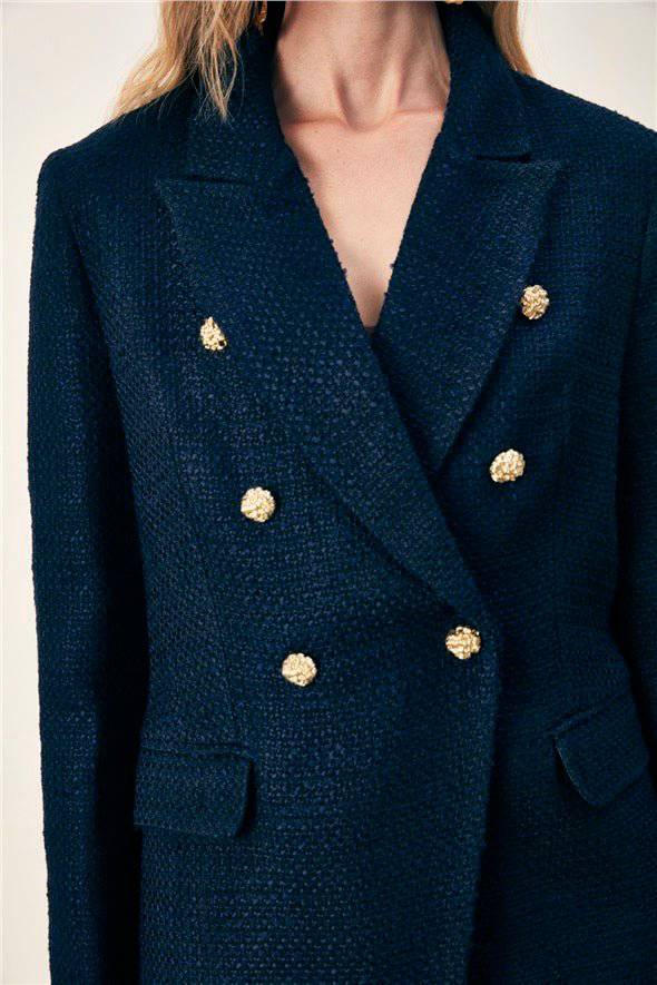 Button Detailed Tweed Jacket - Navy Blue - LussoCA