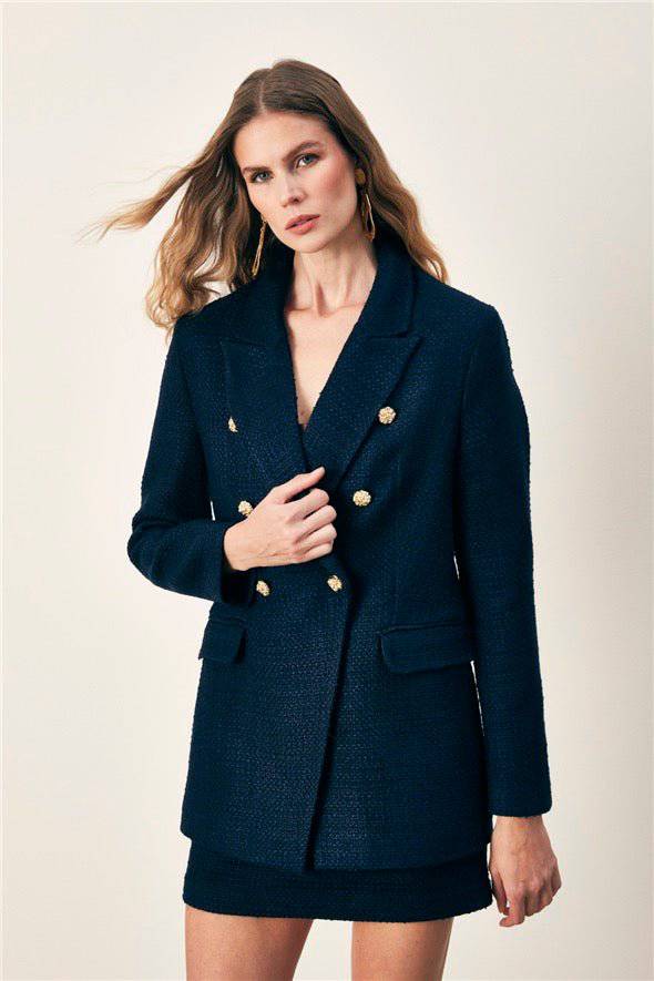 Button Detailed Tweed Jacket - Navy Blue - LussoCA