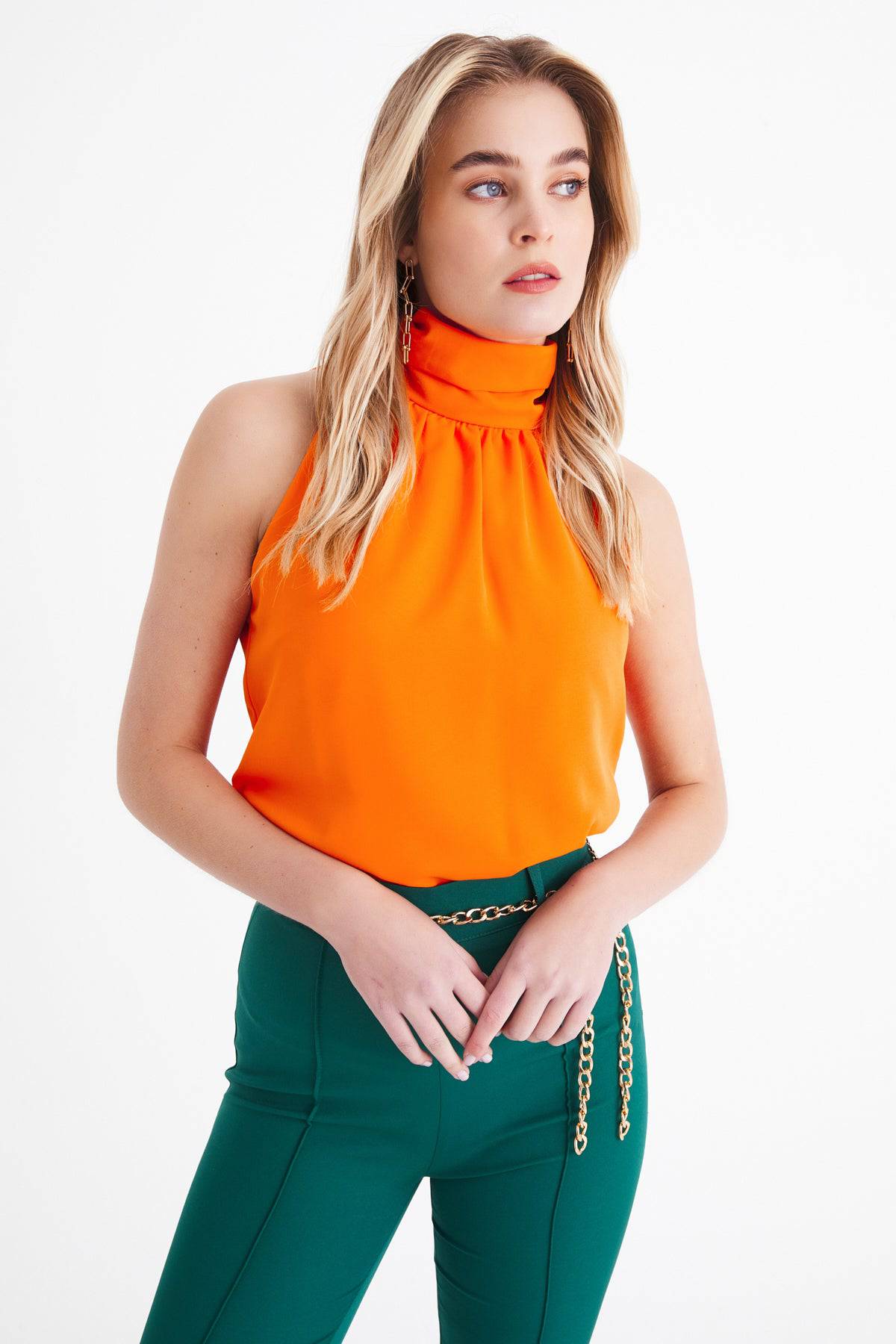 Sleeveless Top with ruffle neckline - ORANGE