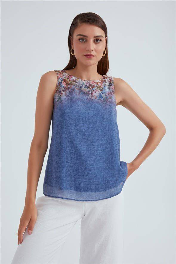 Crew Neck Ambre Floral Printed Georgette Top - Blue - LussoCA