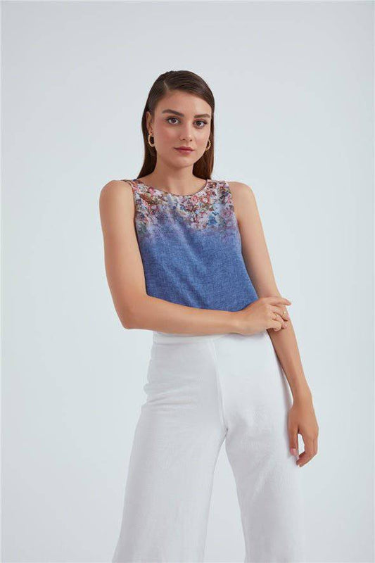 Crew Neck Ambre Floral Printed Georgette Top - Blue - LussoCA