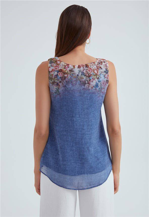 Crew Neck Ambre Floral Printed Georgette Top - Blue - LussoCA