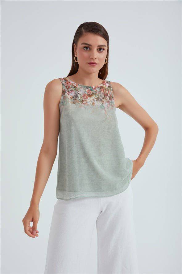 Crew Neck Ambre Floral Printed Georgette Top - Sage - LussoCA