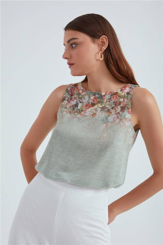 Crew Neck Ambre Floral Printed Georgette Top - Sage - LussoCA