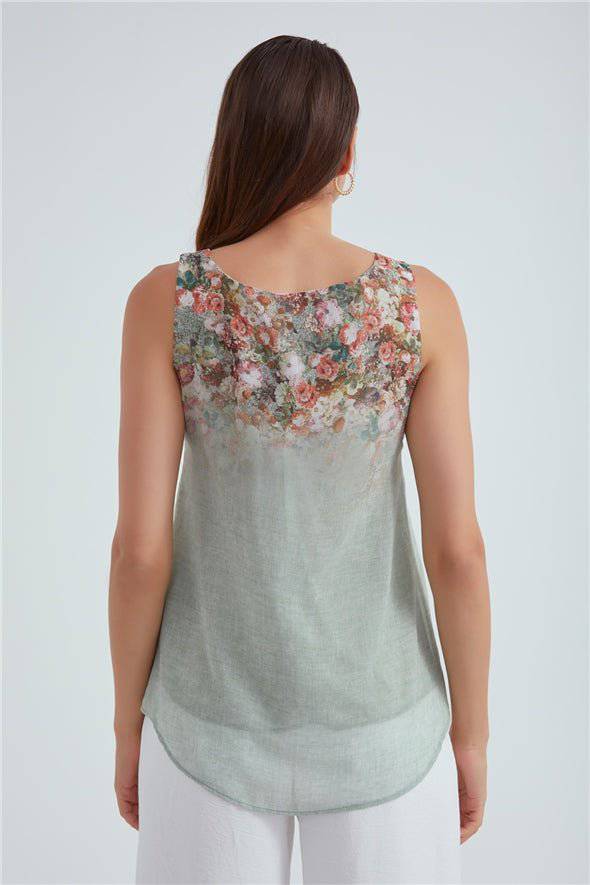 Crew Neck Ambre Floral Printed Georgette Top - Sage - LussoCA