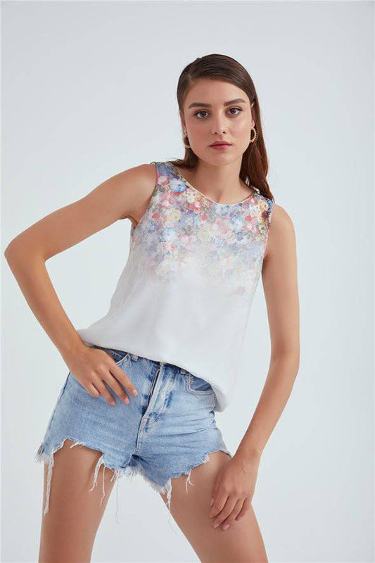 Crew Neck Ambre Floral Printed Georgette Top - White - LussoCA