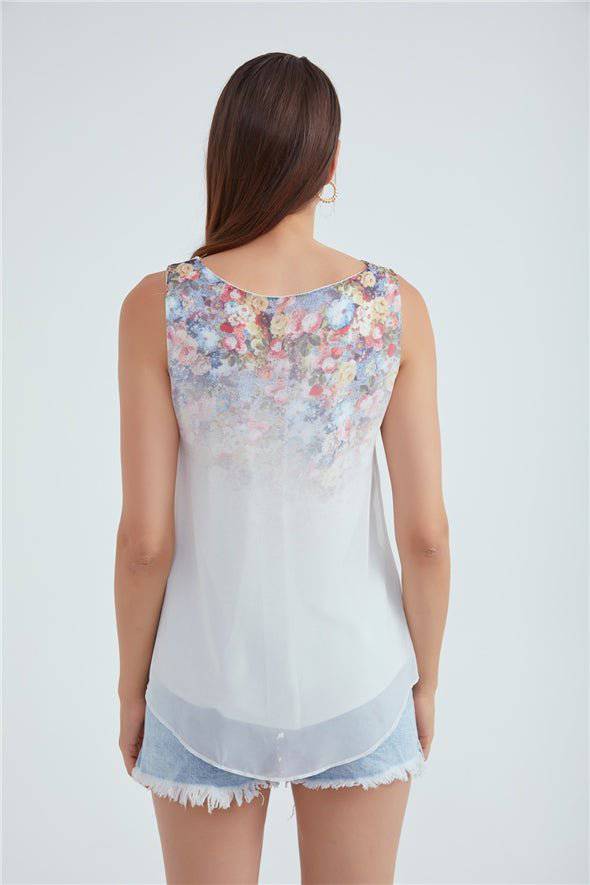 Crew Neck Ambre Floral Printed Georgette Top - White - LussoCA