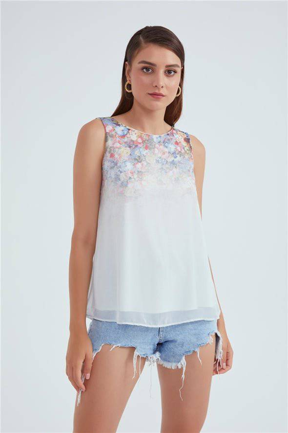 Crew Neck Ambre Floral Printed Georgette Top - White - LussoCA