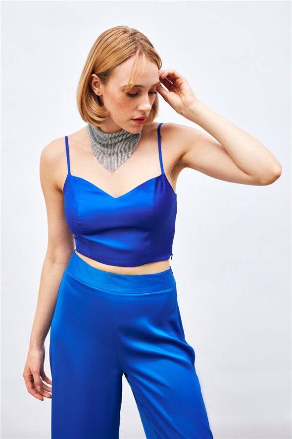 Satin Crop Top  with String Straps - Royal Blue - LussoCA