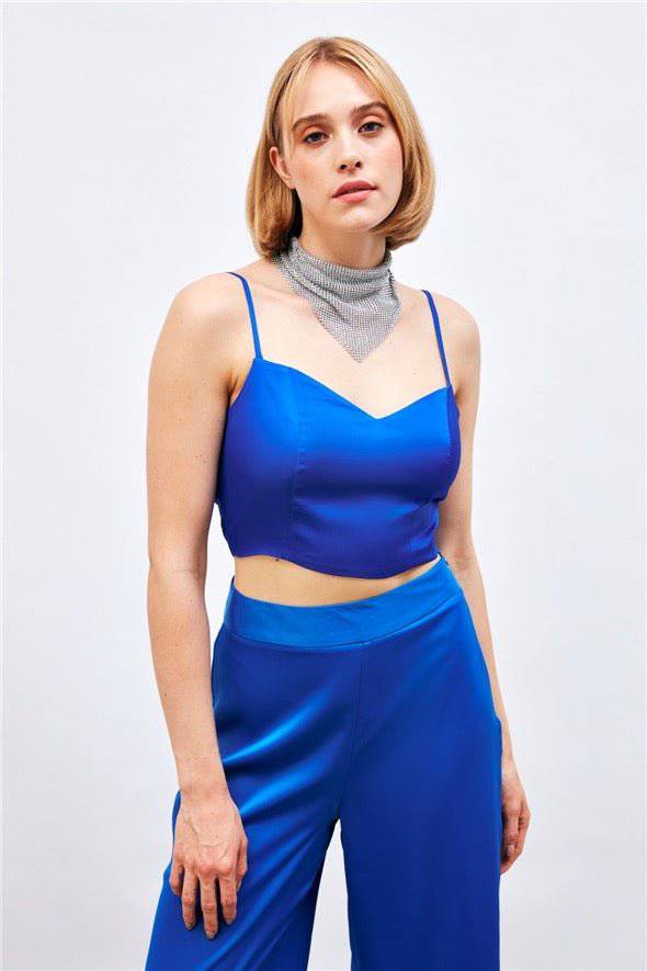 Satin Crop Top  with String Straps - Royal Blue - LussoCA