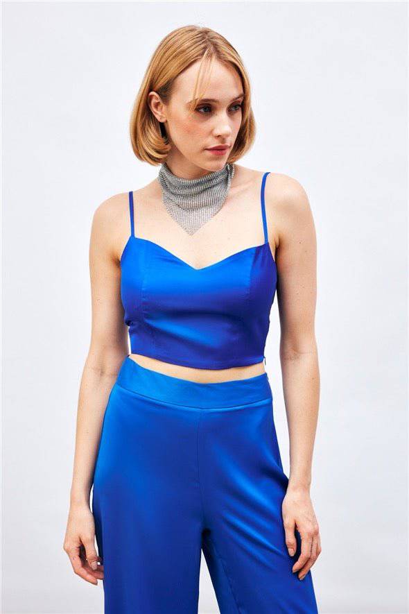 Satin Crop Top  with String Straps - Royal Blue - LussoCA