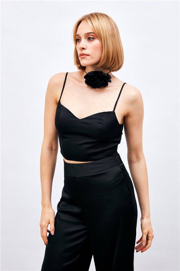 Satin Crop Top  with String Straps - Black - LussoCA