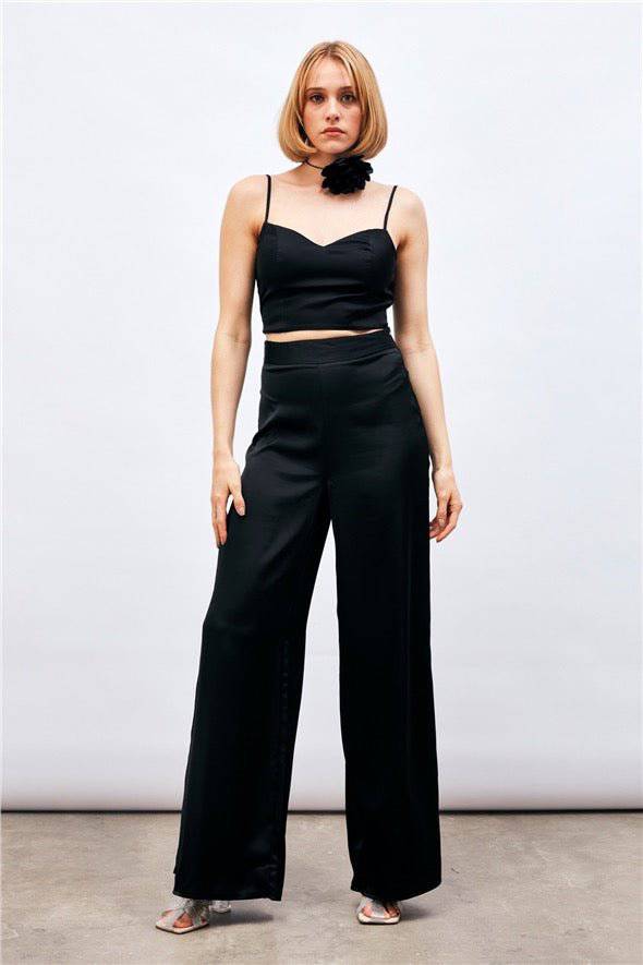 Satin Crop Top  with String Straps - Black - LussoCA