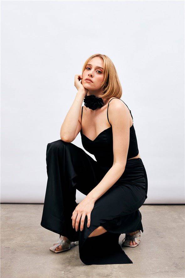 Satin Crop Top  with String Straps - Black - LussoCA