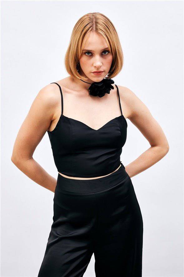 Satin Crop Top  with String Straps - Black - LussoCA