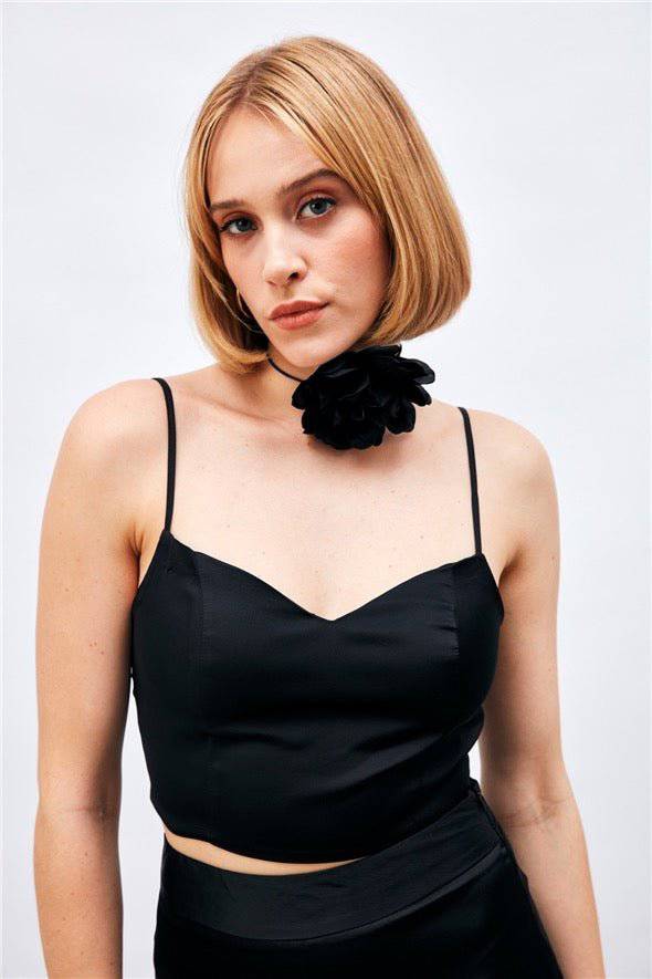 Satin Crop Top  with String Straps - Black - LussoCA
