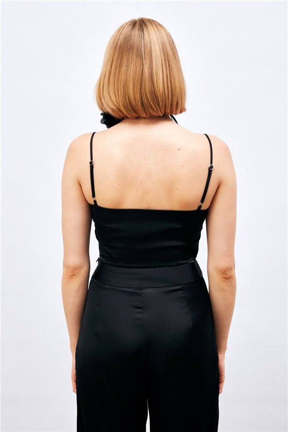 Satin Crop Top  with String Straps - Black - LussoCA