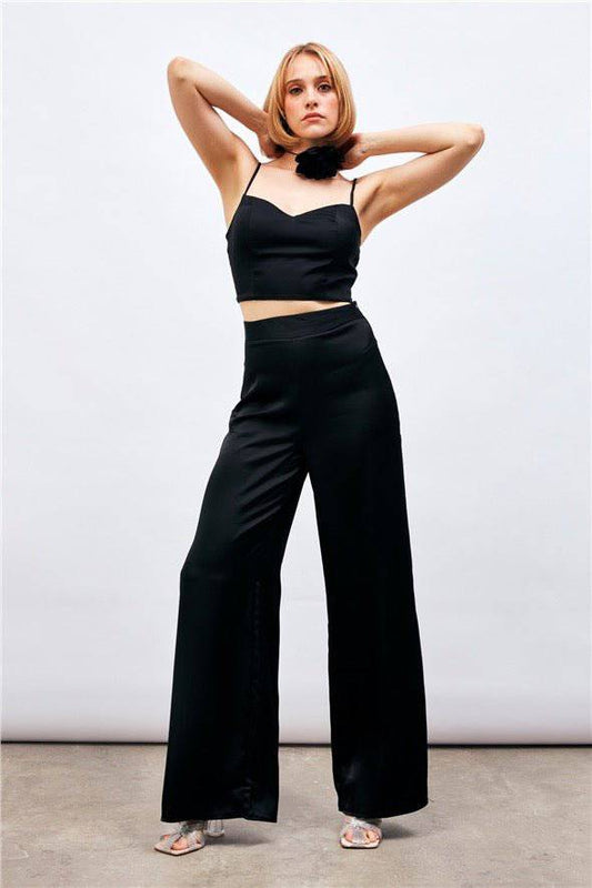 Satin Crop Top  with String Straps - Black - LussoCA
