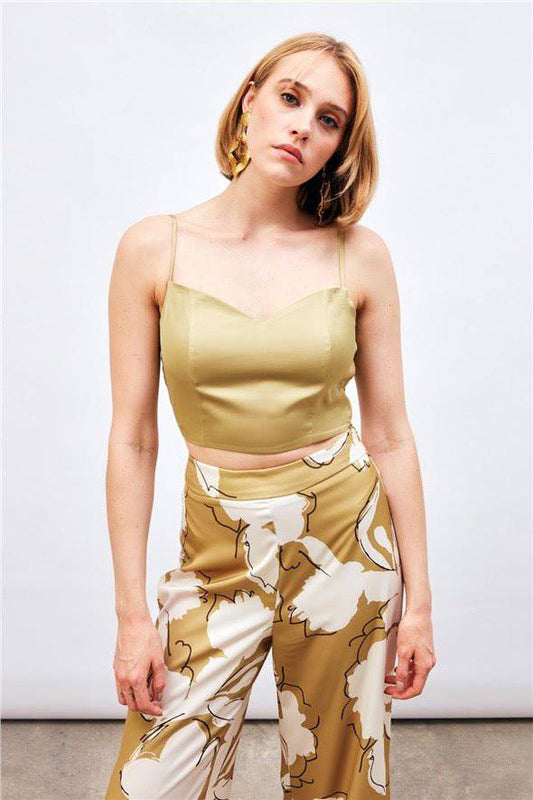 Satin Crop Top  with String Straps - Olive - LussoCA