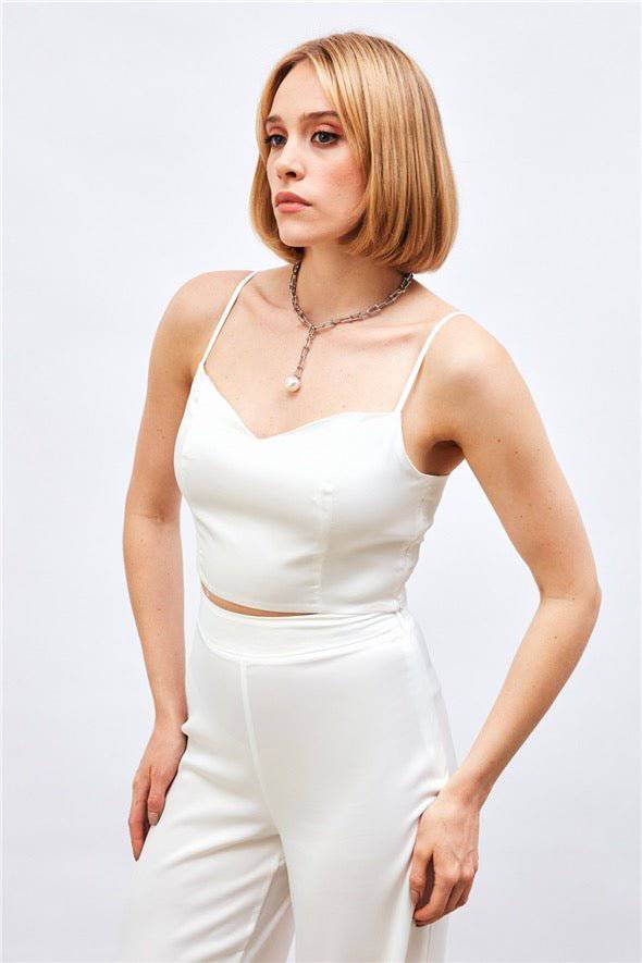 Satin Crop Top  with String Straps - white - LussoCA