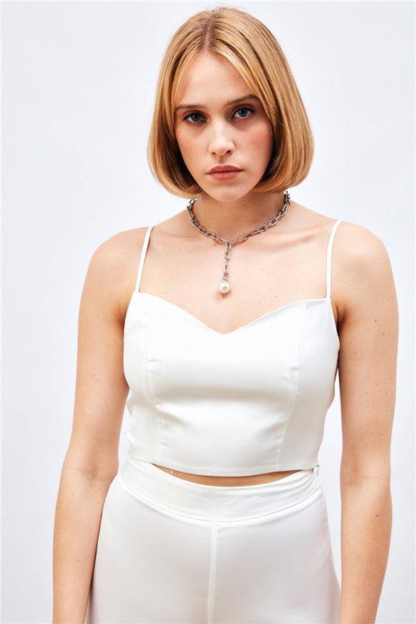 Satin Crop Top  with String Straps - white - LussoCA