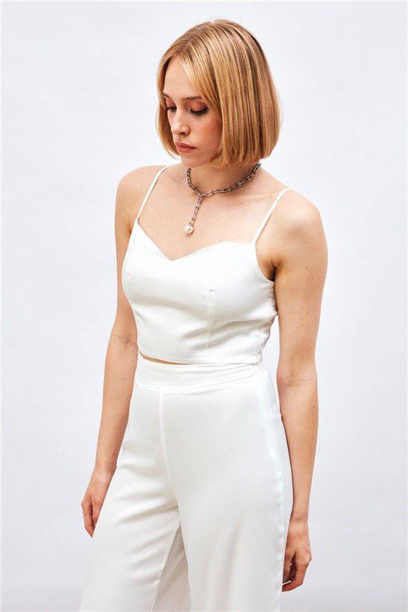 Satin Crop Top  with String Straps - white - LussoCA