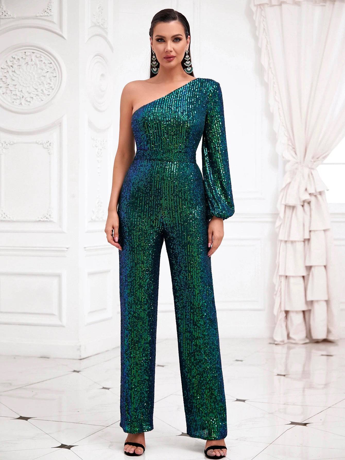 Diagonal Collar One Shoulder Long Sleeve Sequin Evening Party Maxi Jumpsuit - Green - LussoCA