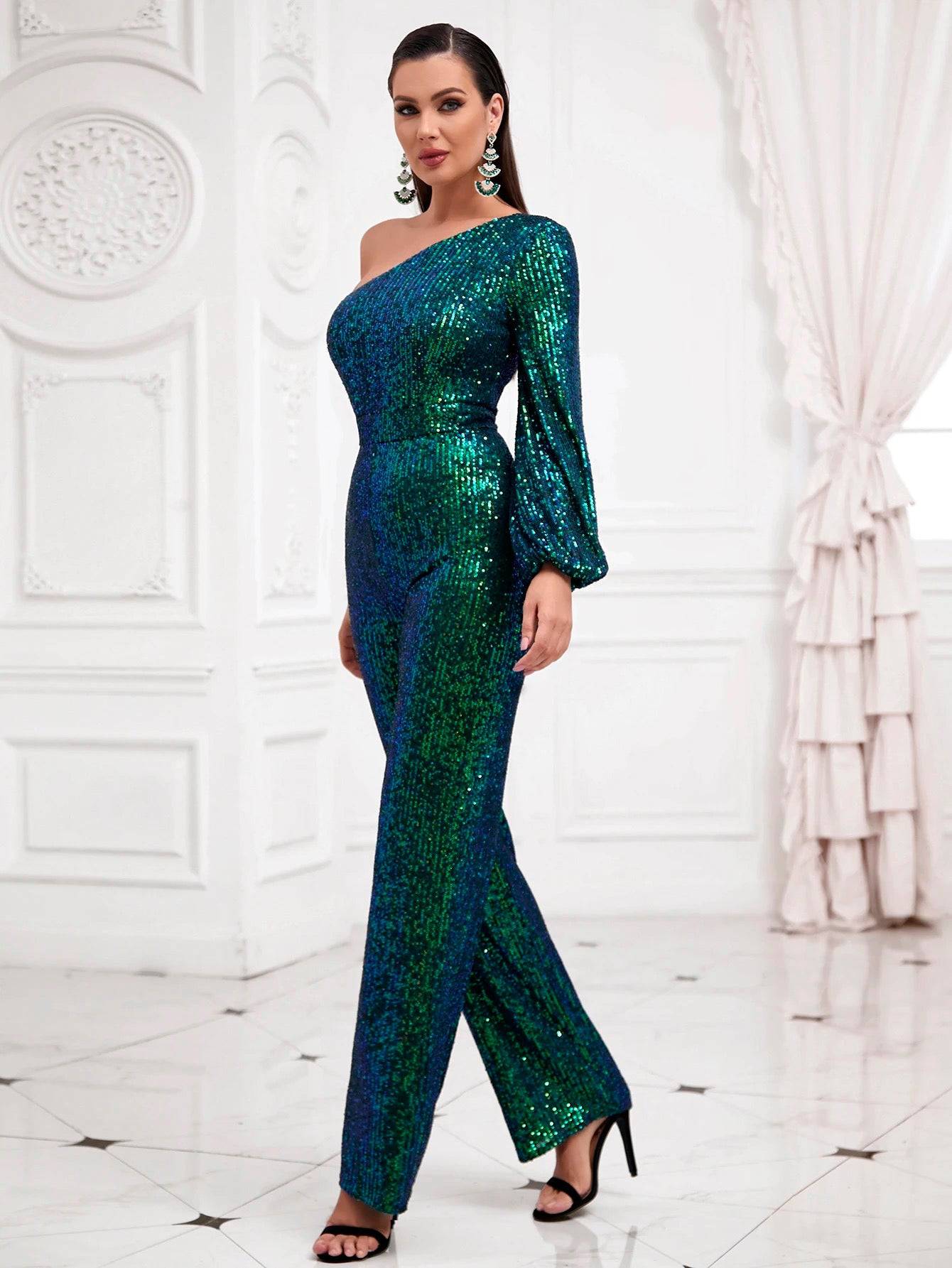 Diagonal Collar One Shoulder Long Sleeve Sequin Evening Party Maxi Jumpsuit - Green - LussoCA