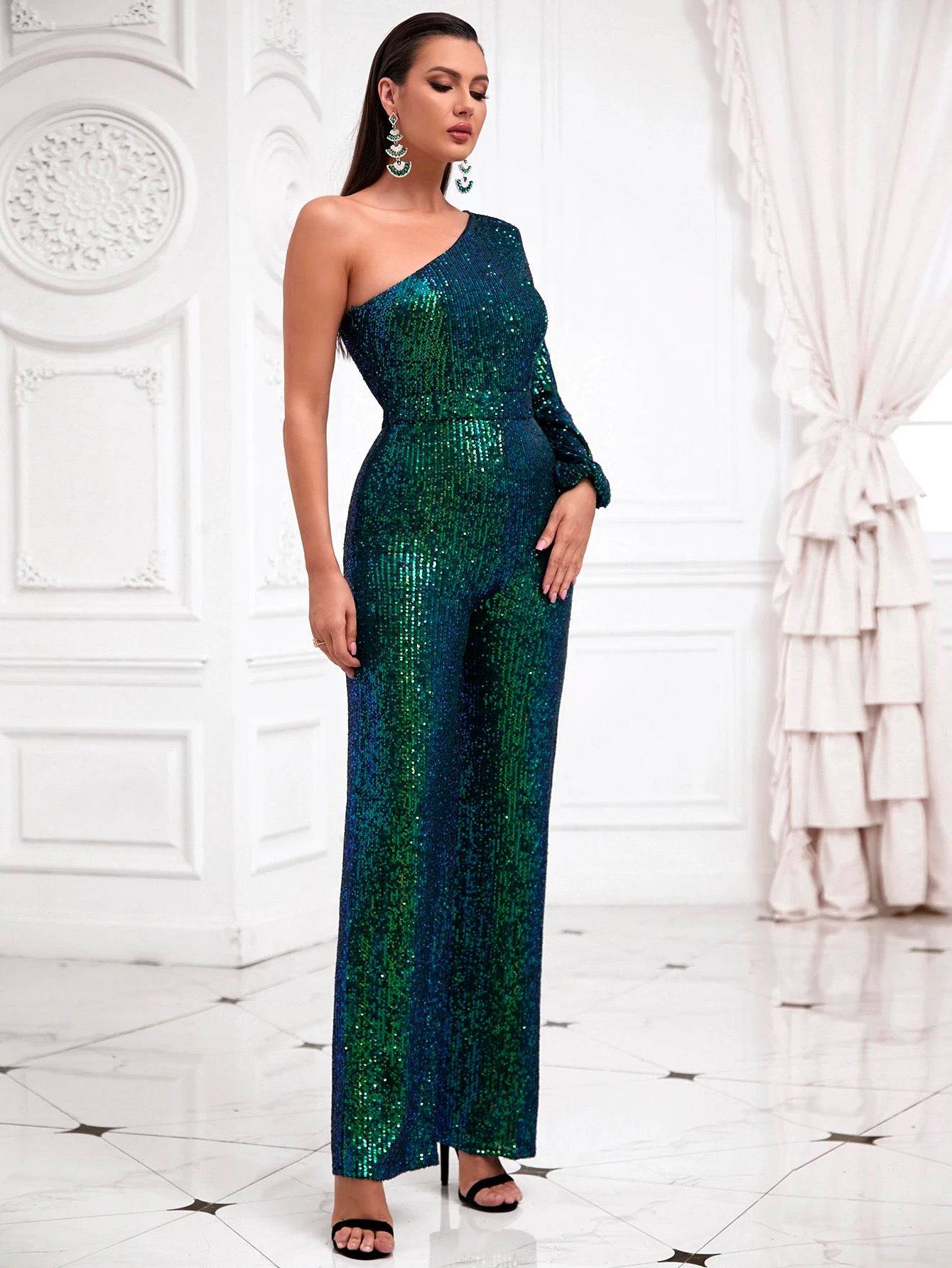 Diagonal Collar One Shoulder Long Sleeve Sequin Evening Party Maxi Jumpsuit - Green - LussoCA