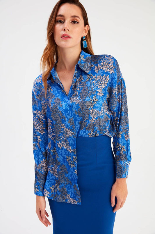 Dolman Sleeve Patterned Shirt - Azure Blue - LussoCA