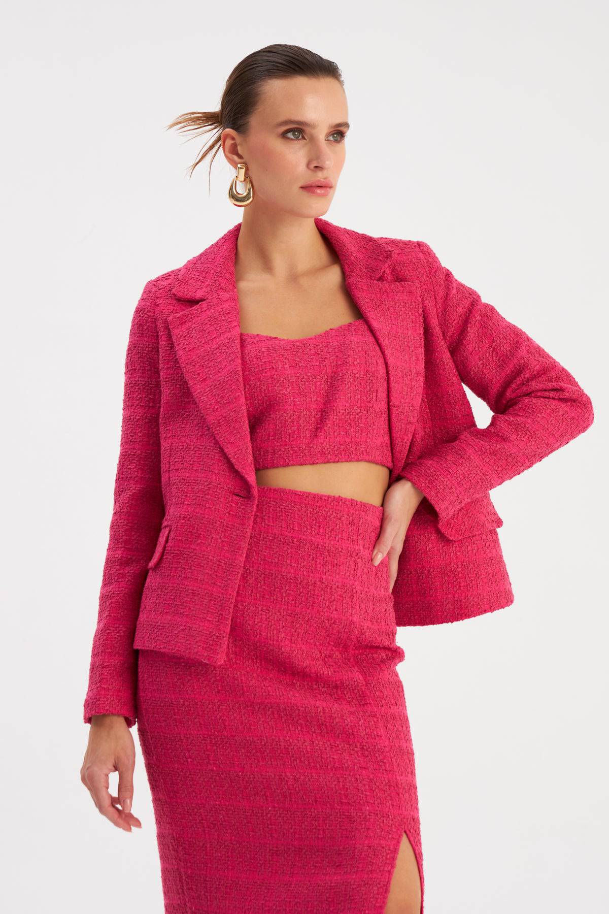 Strap Tweed Crop Blouse - Fuchsia - LussoCA