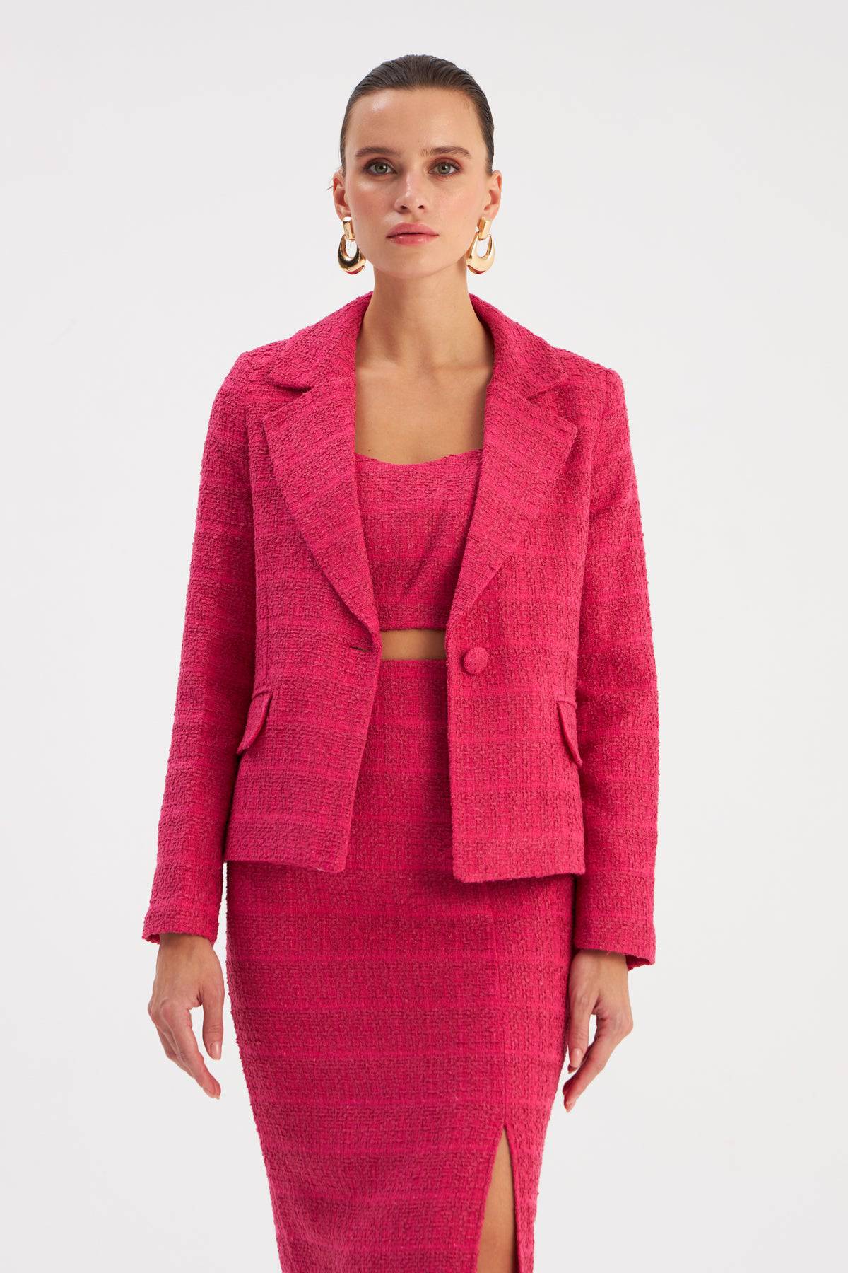 Strap Tweed Crop Blouse - Fuchsia - LussoCA