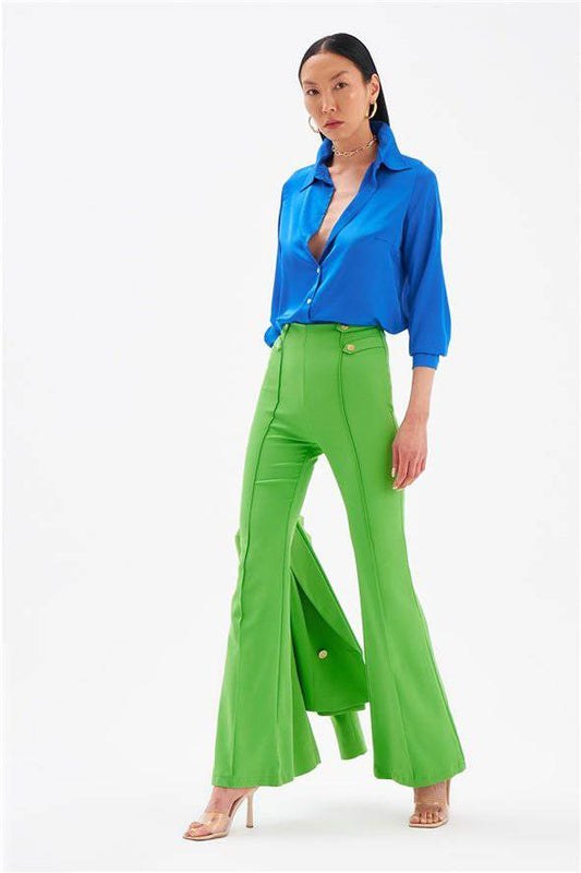Flared High Waist 4- Button Pants - Green - LussoCA