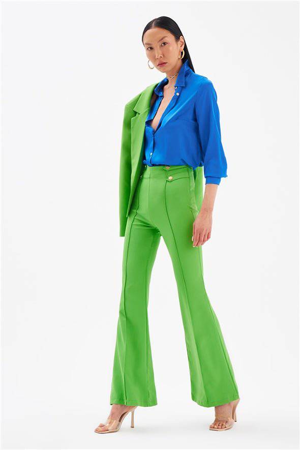 Flared High Waist 4- Button Pants - Green - LussoCA