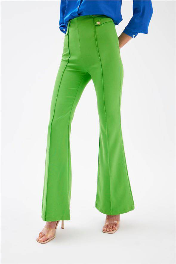 Flared High Waist 4- Button Pants - Green - LussoCA