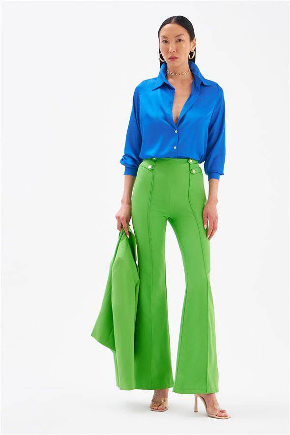 Flared High Waist 4- Button Pants - Green - LussoCA