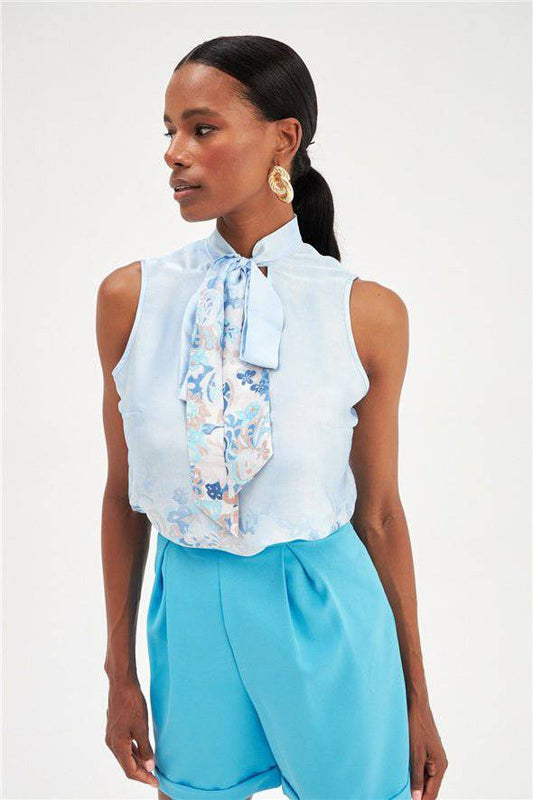 Floral Ombre Patterned Tie Neck Scarf Detailed Blouse - Blue - LussoCA