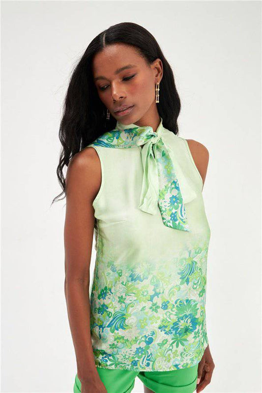 Floral Ombre Patterned Tie Neck Scarf Detailed Blouse - Green - LussoCA
