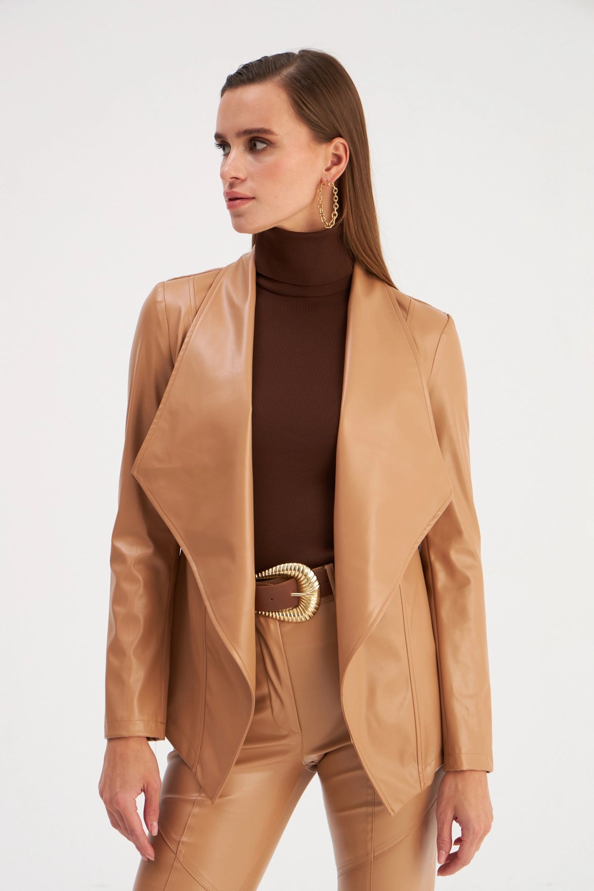 Wide Collar Leather Jacket - Caramel