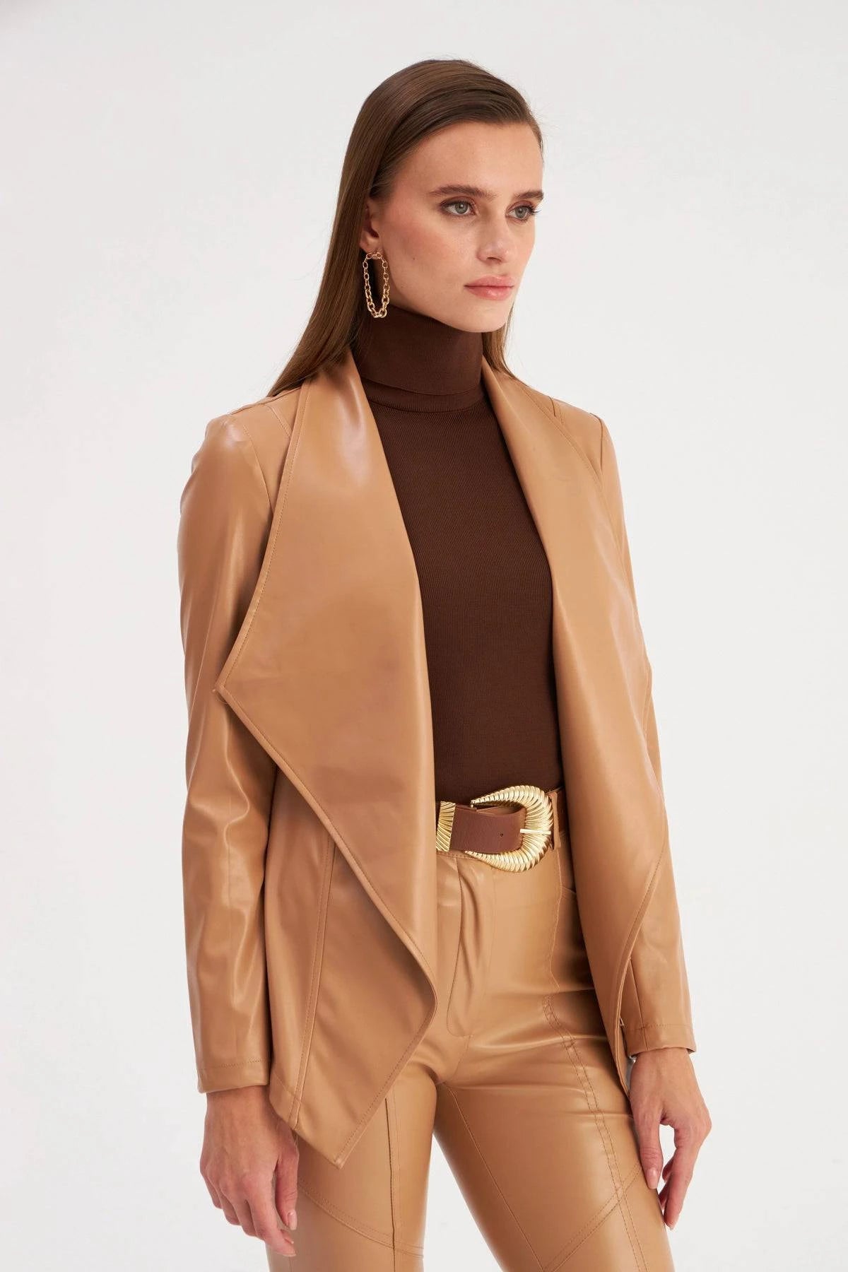 Wide Collar Leather Jacket - Caramel - LussoCA