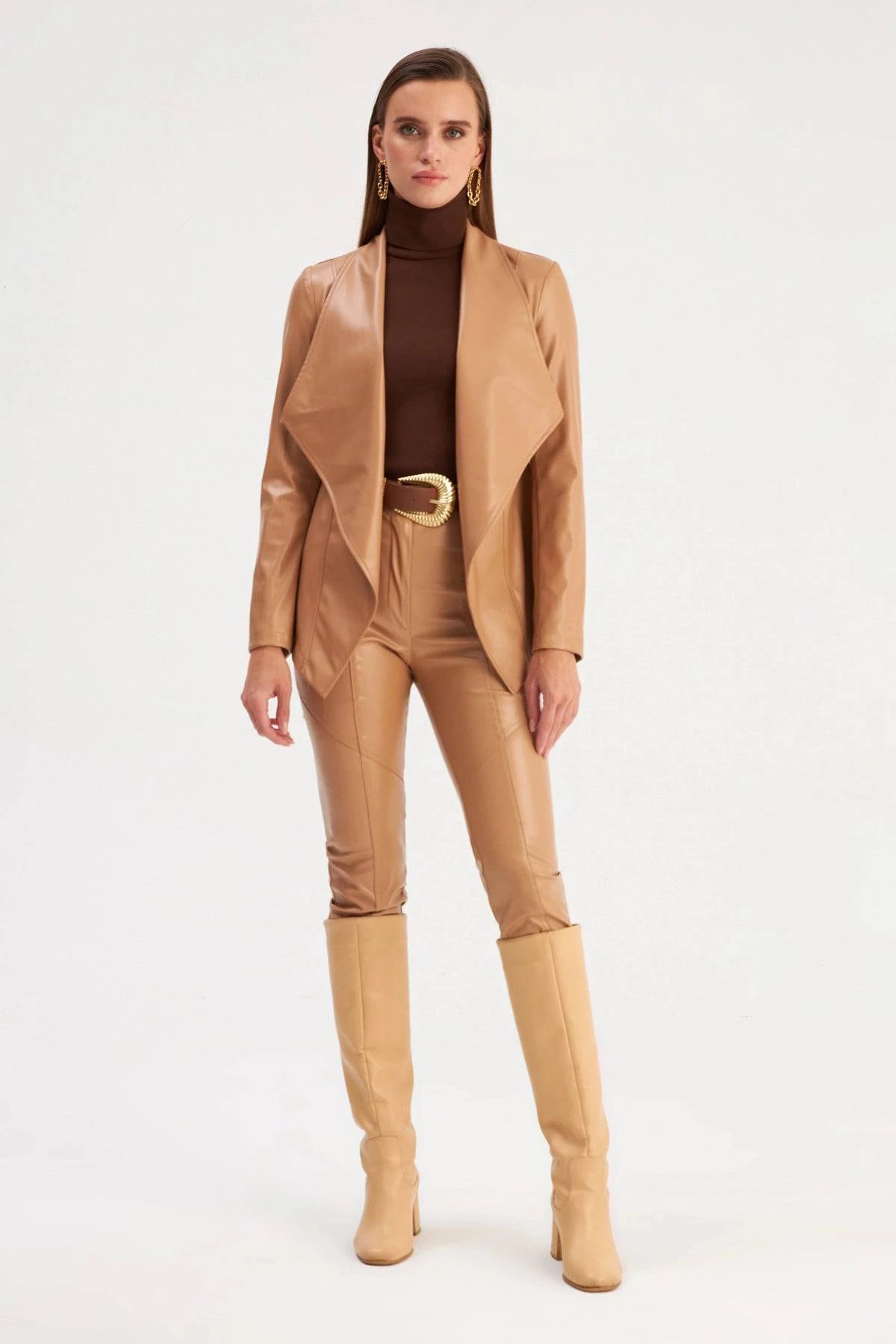 Wide Collar Leather Jacket - Caramel - LussoCA