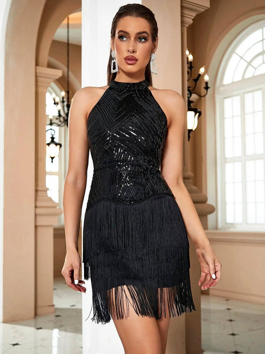Halter Neck Fringe Skirt Sequins Evening Party Mini Dress - Black - LussoCA