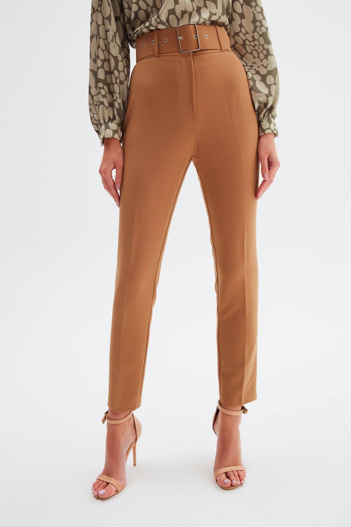High Waist Belted Trousers - Camel - LussoCA
