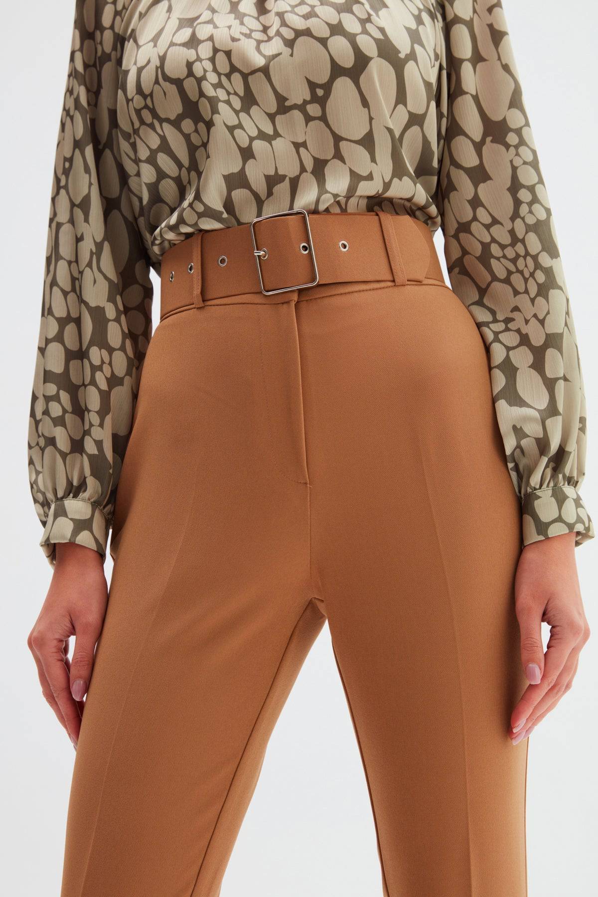 High Waist Belted Trousers - Camel - LussoCA
