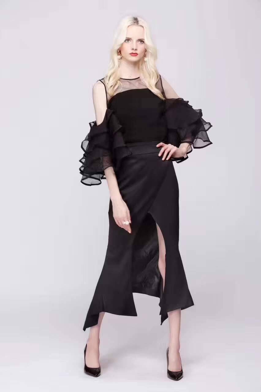 Cold-Shoulder Top with Layered Sleeves - BLACK